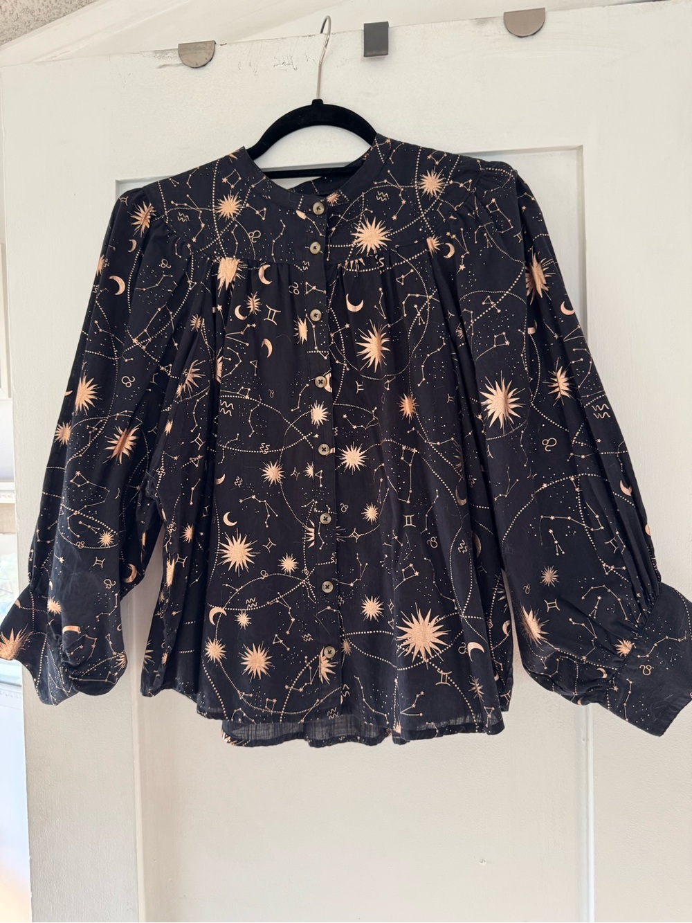 Women’s Maeve Anthropologie Black Celestial Print Button-Front Blouse